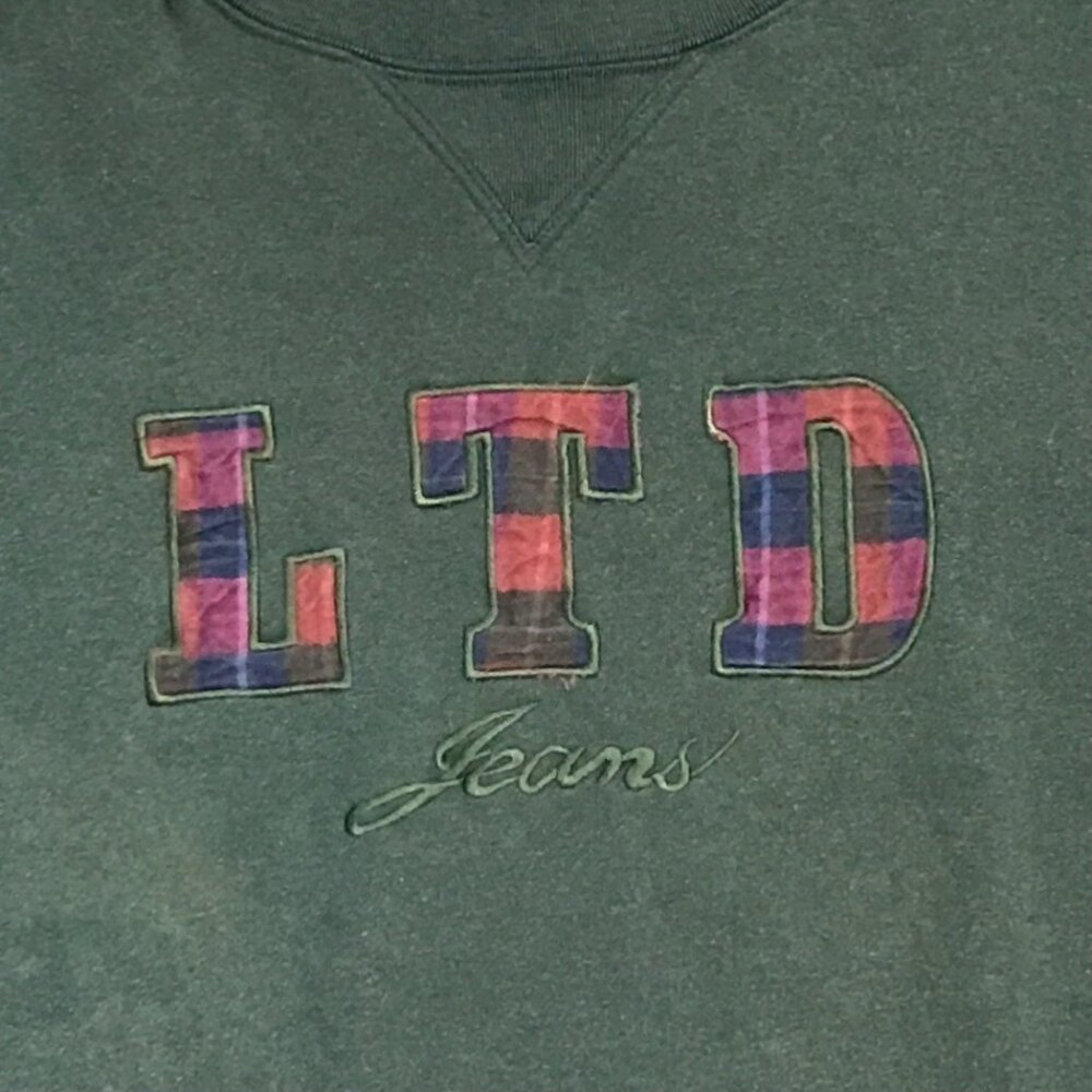Vtg Limited Jeans Pullover Sweatshirt M Green Embroidered Plaid Logo y2K 90s